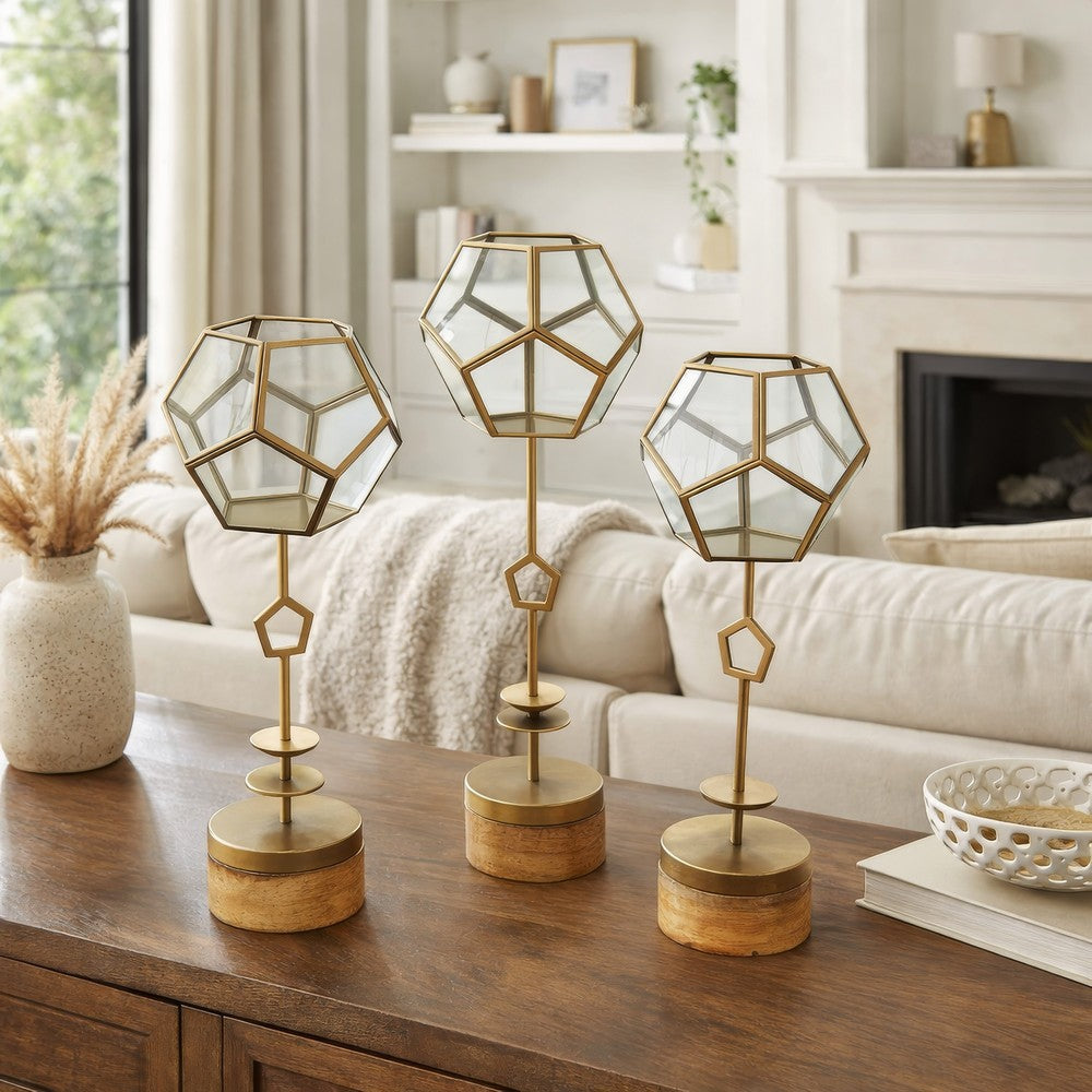 Suzie Jada Terrarium Lantern Set of 3 | Bronze Iron | Mango Wood 15 17 19"