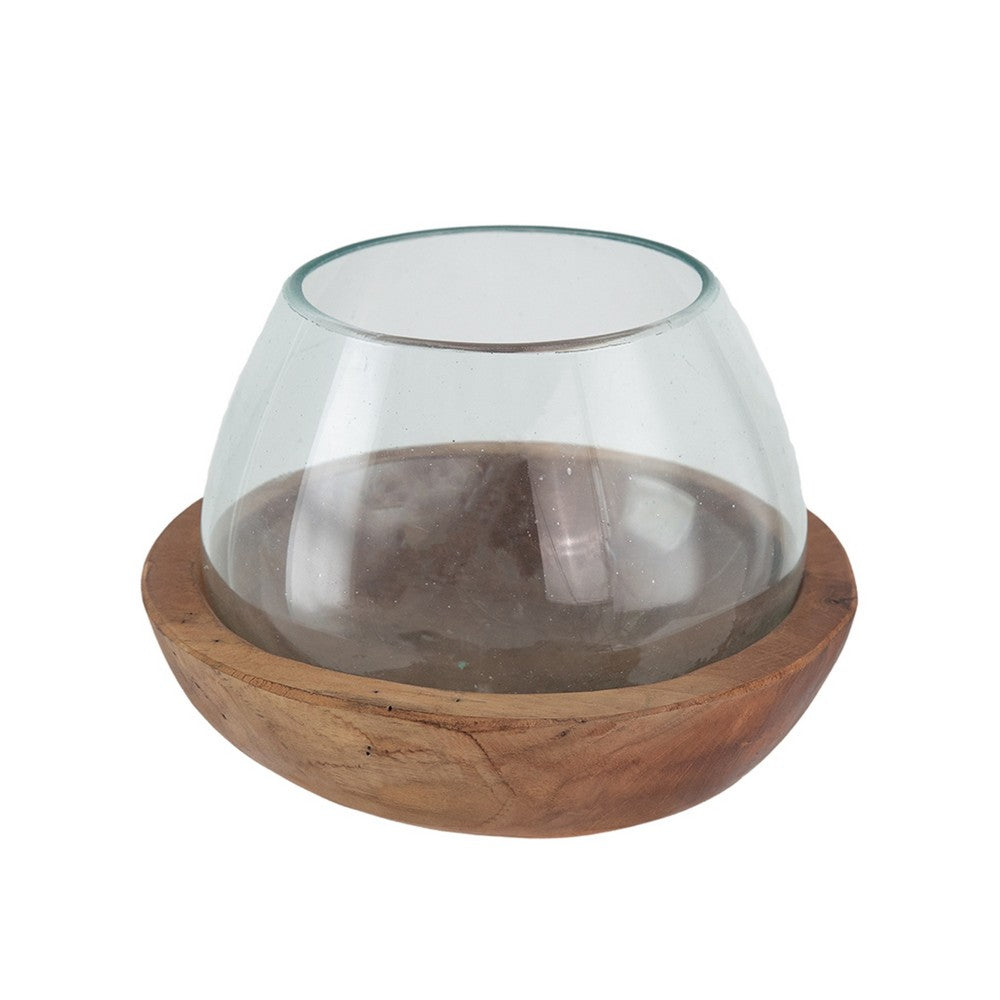 Kristy Round Decorative Bowl w Natural Teak Wood Base | Glass Cover 10"