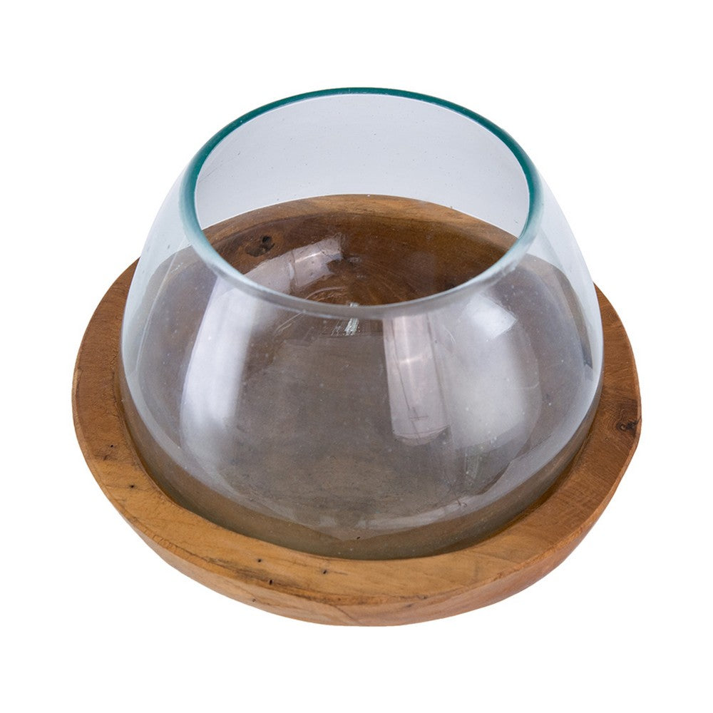 Kristy Round Decorative Bowl w Natural Teak Wood Base | Glass Cover 10"