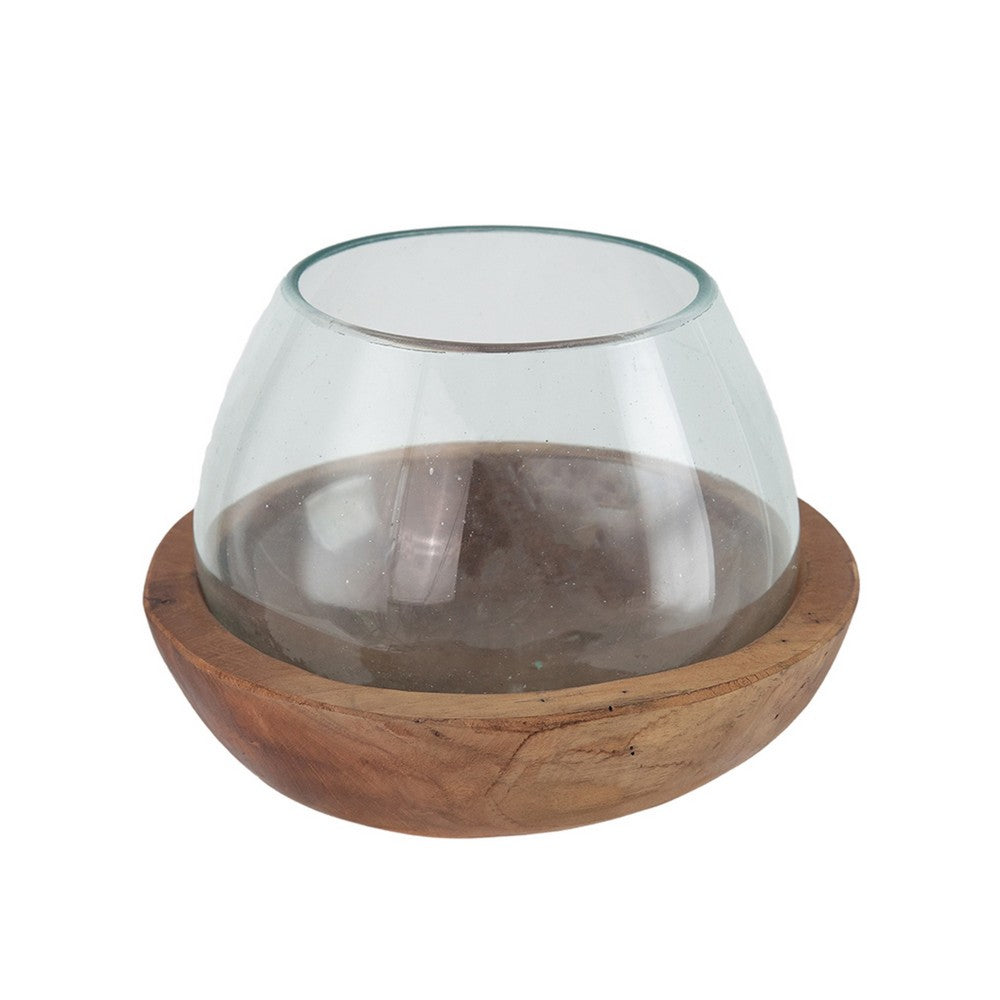Kristy Round Decorative Bowl w Natural Teak Wood Base | Glass Cover 10"