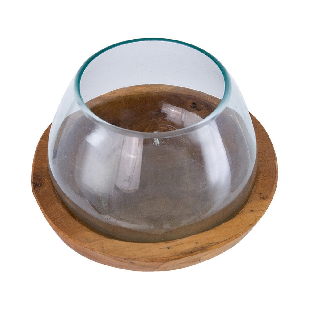 Kristy Round Decorative Bowl w Natural Teak Wood Base | Glass Cover 10"