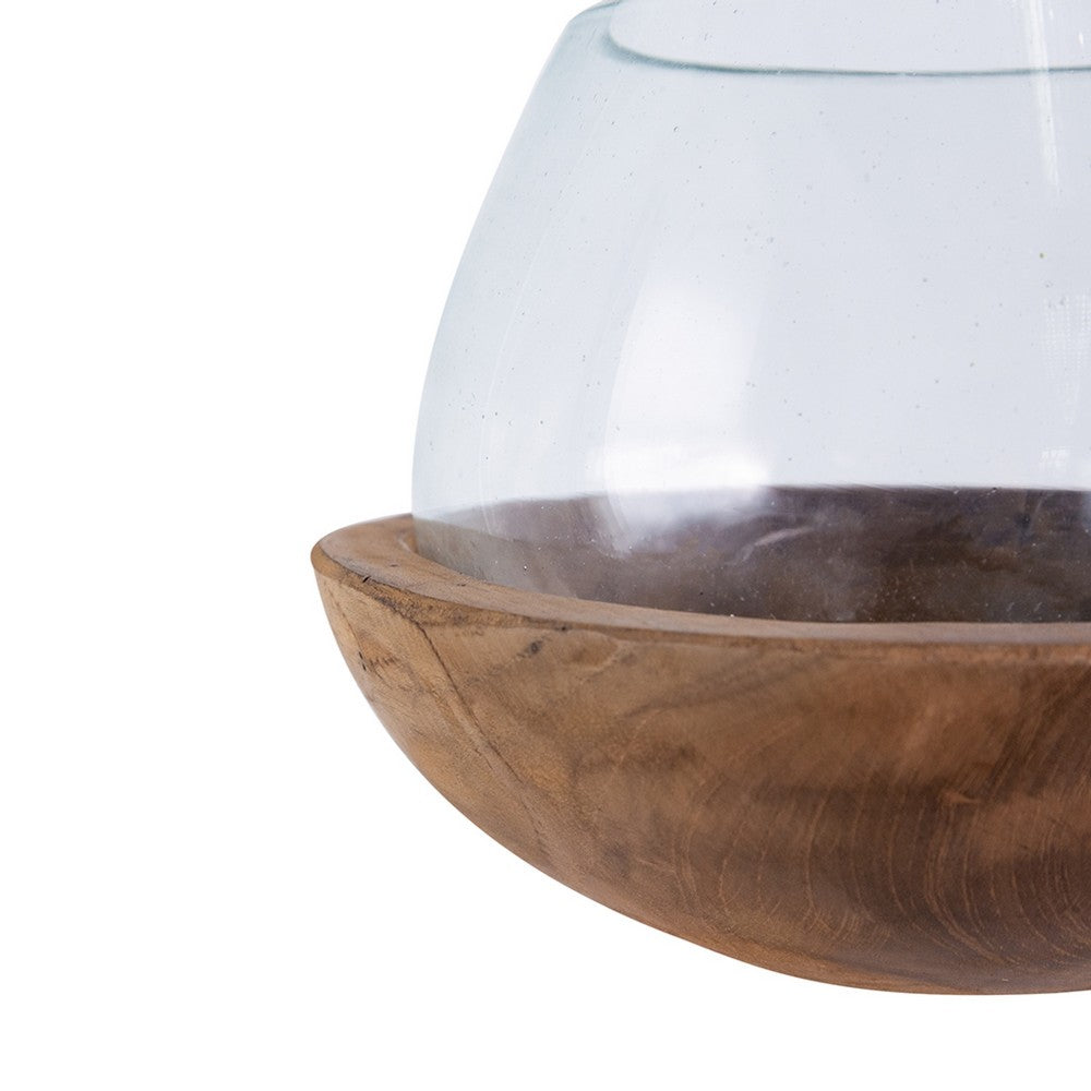 Kristy Round Decorative Bowl w Natural Teak Wood Base | Glass Cover 10"
