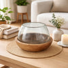 Kristy Round Decorative Bowl w Natural Teak Wood Base | Glass Cover 10"