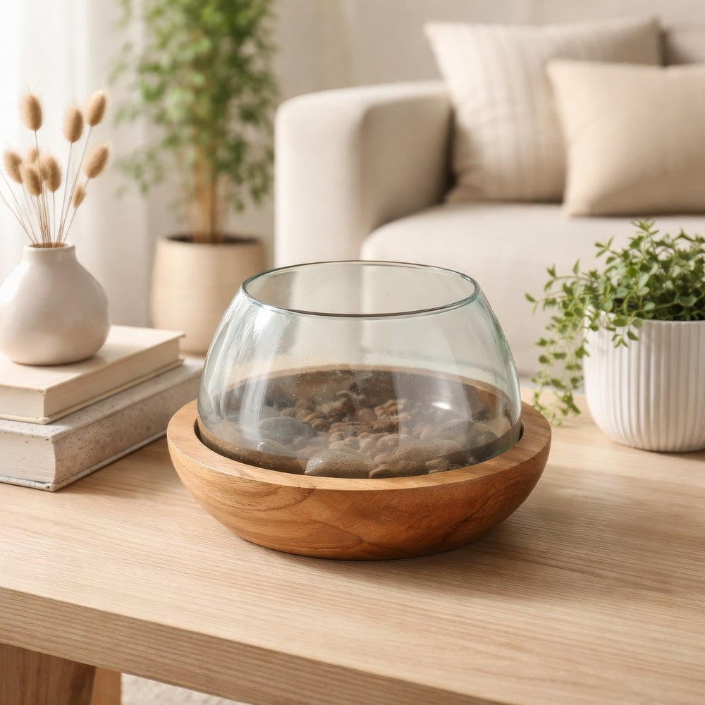 Kristy Round Decorative Bowl w Natural Teak Wood Base | Glass Cover 10"