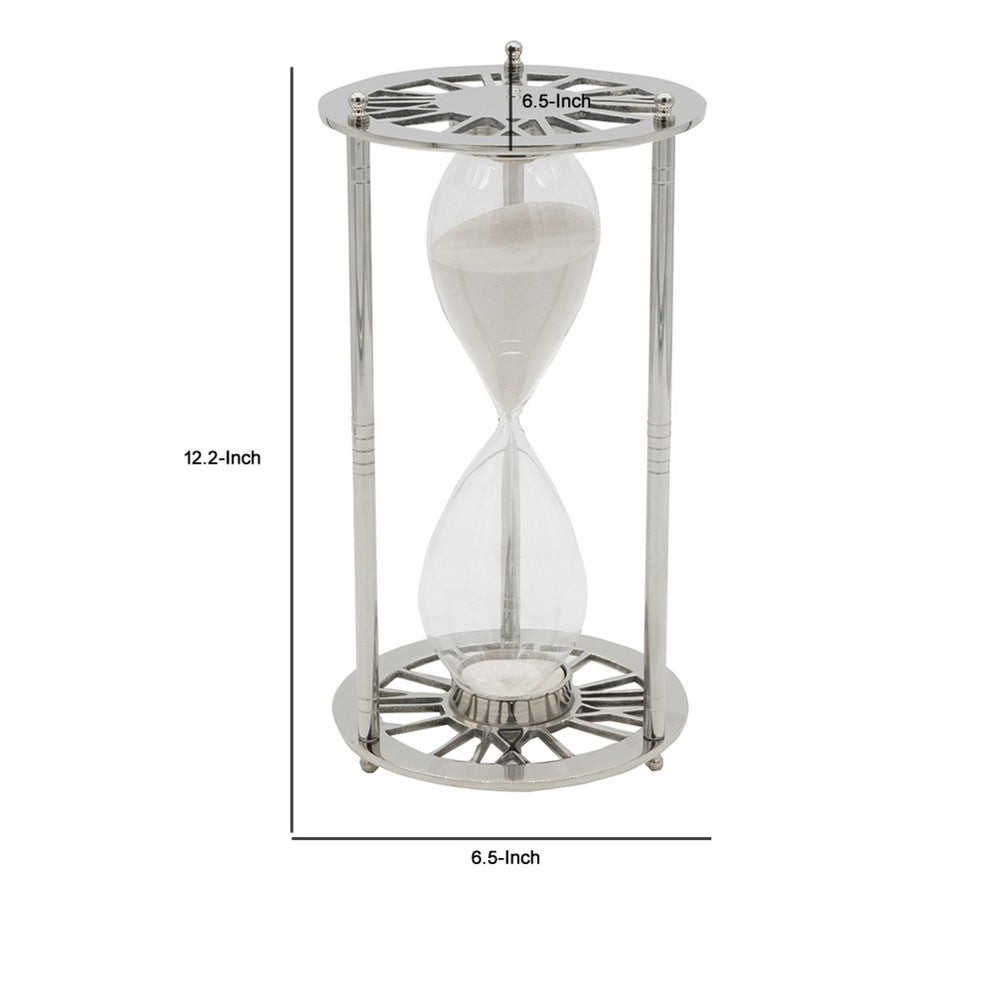 Layla Decorative Hourglass | Glass Chambers | Silver Aluminum Frame 12"