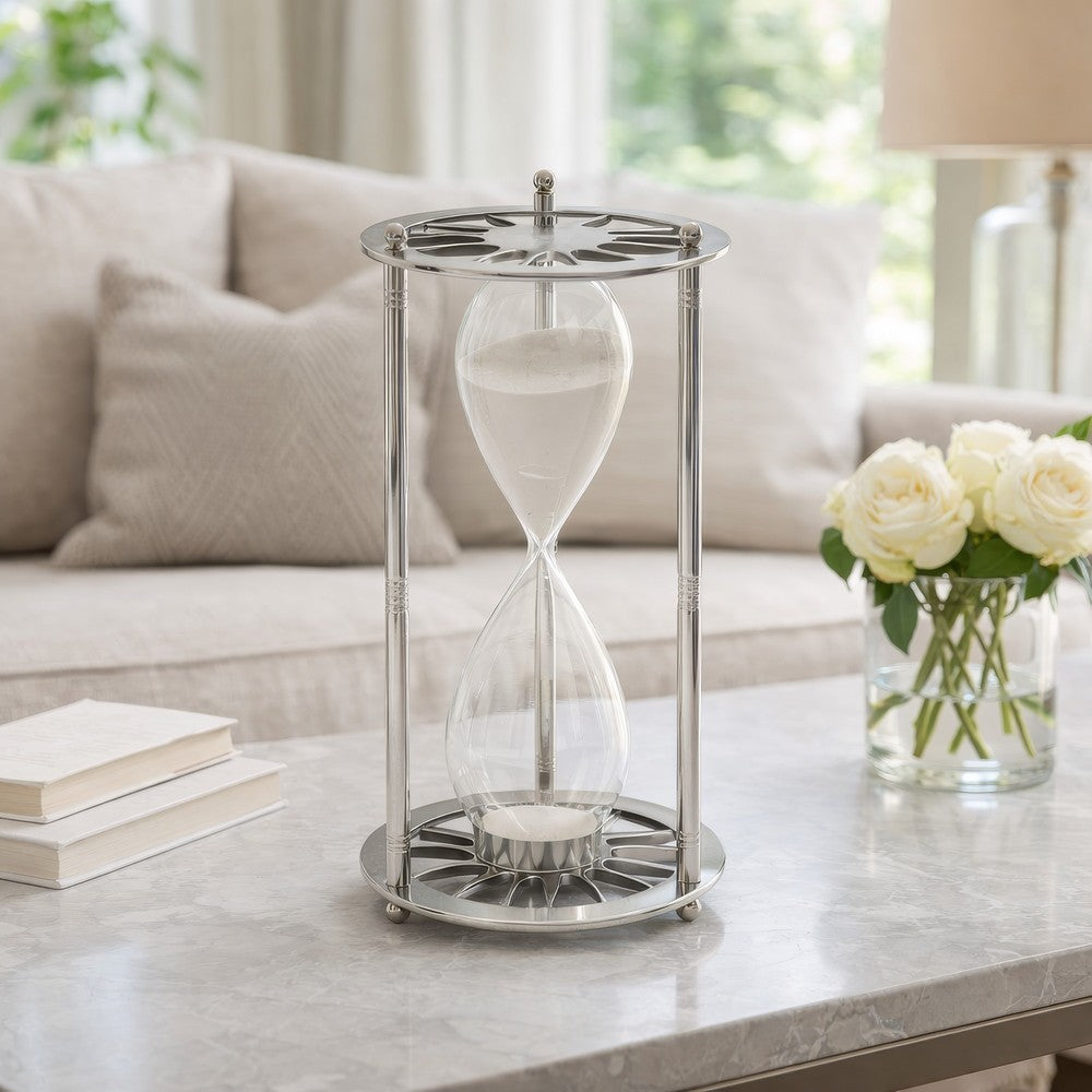 Layla Decorative Hourglass | Glass Chambers | Silver Aluminum Frame 12"