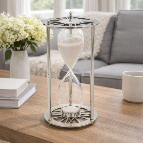 Layla Decorative Hourglass | Glass Chambers | Silver Aluminum Frame 12"