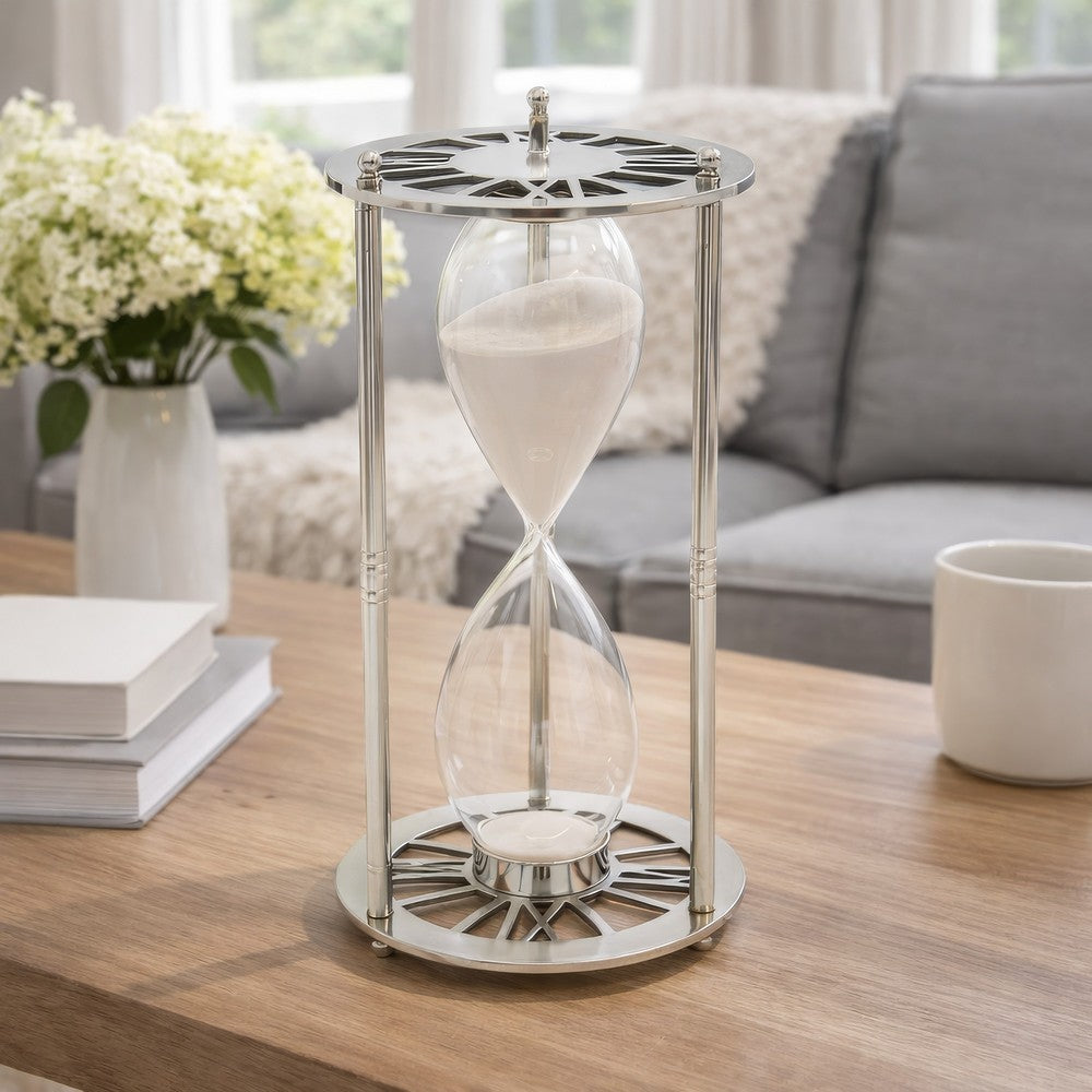 Layla Decorative Hourglass | Glass Chambers | Silver Aluminum Frame 12"