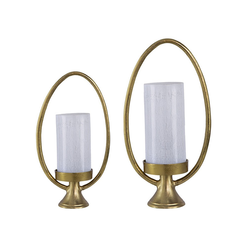 Beth Bascom Hurricane Candleholder Set of 2 | Gold | White Glass 22 & 27"