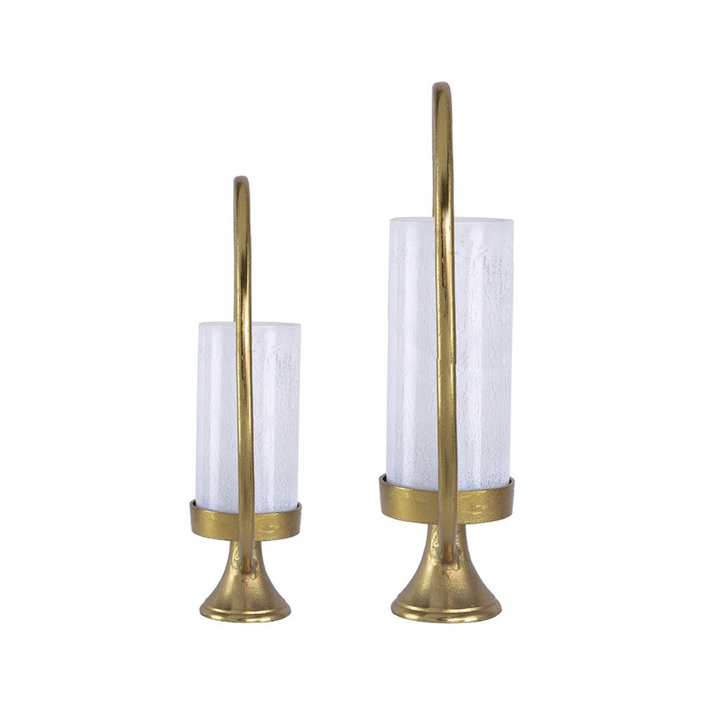 Beth Bascom Hurricane Candleholder Set of 2 | Gold | White Glass 22 & 27"