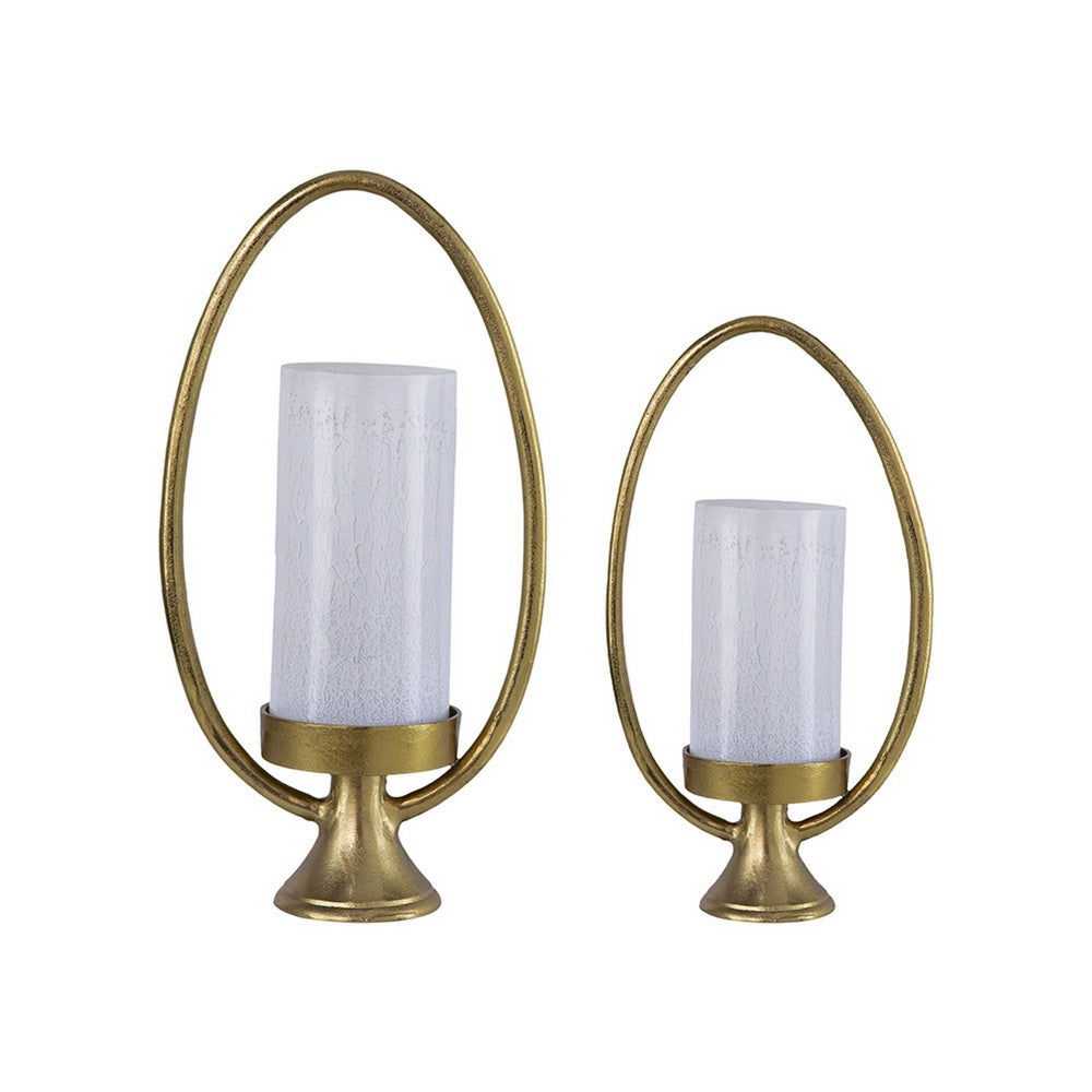 Beth Bascom Hurricane Candleholder Set of 2 | Gold | White Glass 22 & 27"