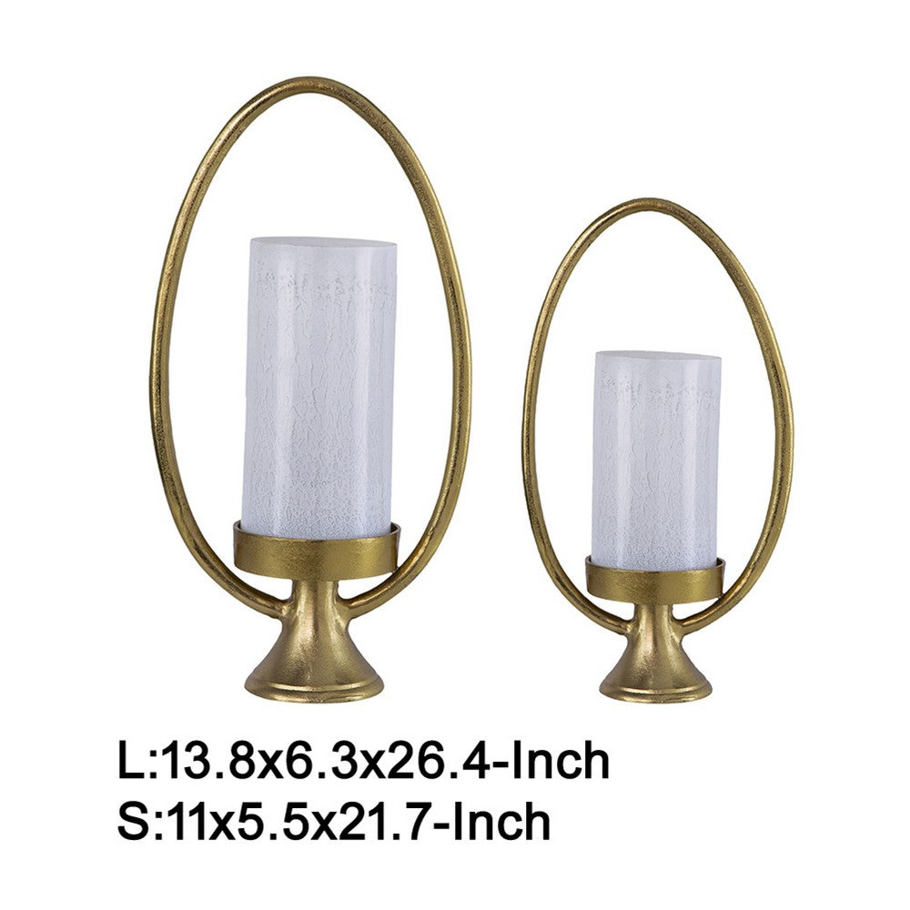 Beth Bascom Hurricane Candleholder Set of 2 | Gold | White Glass 22 & 27"