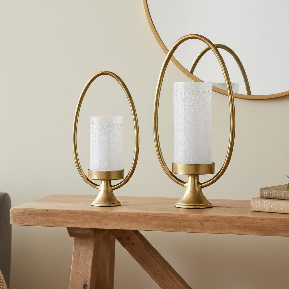 Beth Bascom Hurricane Candleholder Set of 2 | Gold | White Glass 22 & 27"