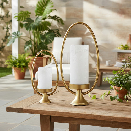 Beth Bascom Hurricane Candleholder Set of 2 | Gold | White Glass 22 & 27"