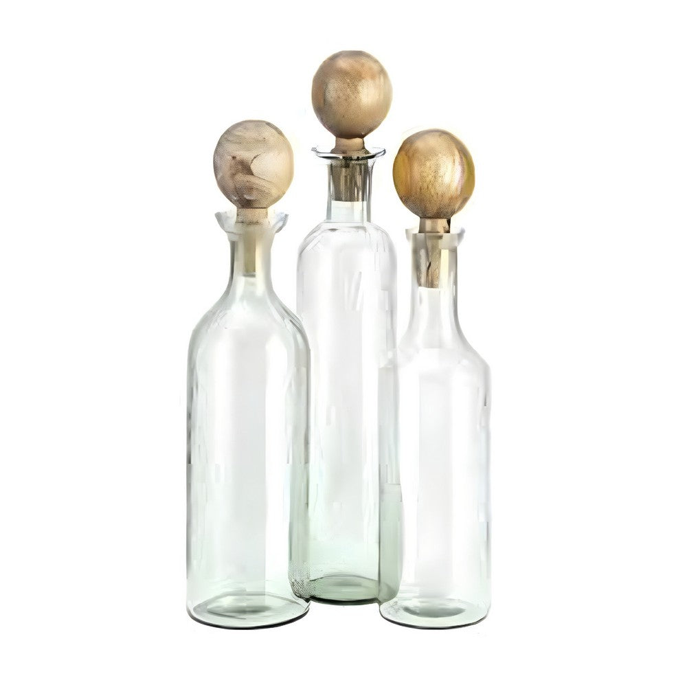Hazie Decorative Glass Bottles Set of 3 | Mango Wood Stoppers 16 & 18"