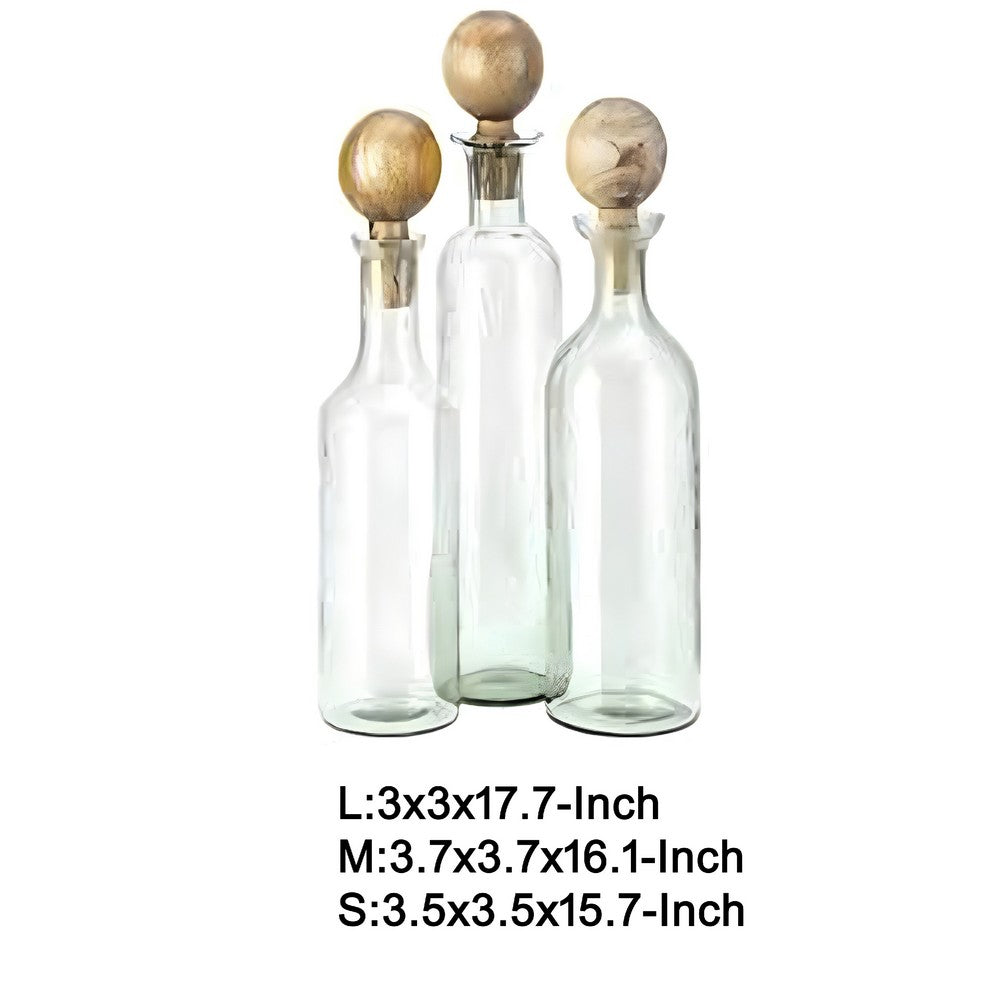 Hazie Decorative Glass Bottles Set of 3 | Mango Wood Stoppers 16 & 18"