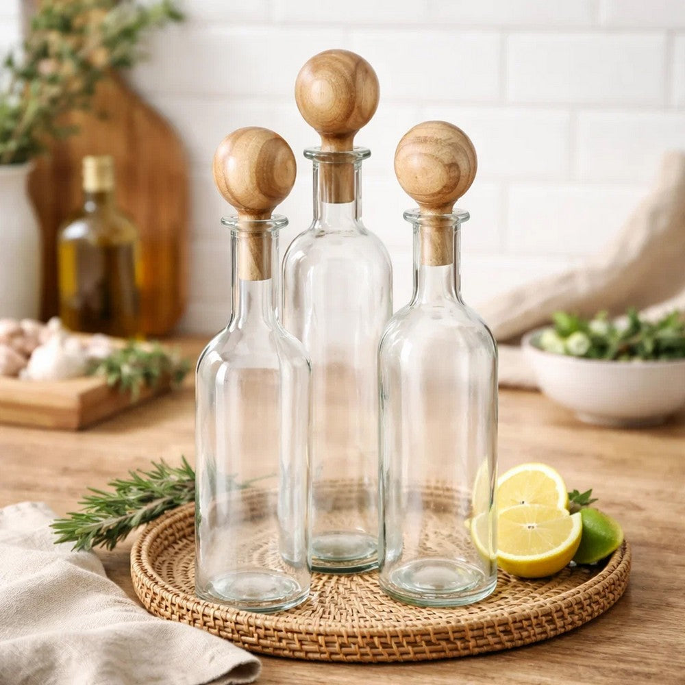 Hazie Decorative Glass Bottles Set of 3 | Mango Wood Stoppers 16 & 18"