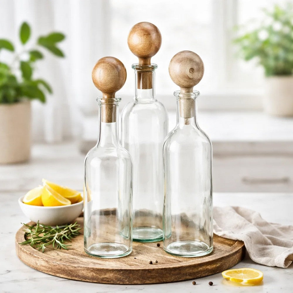 Hazie Decorative Glass Bottles Set of 3 | Mango Wood Stoppers 16 & 18"