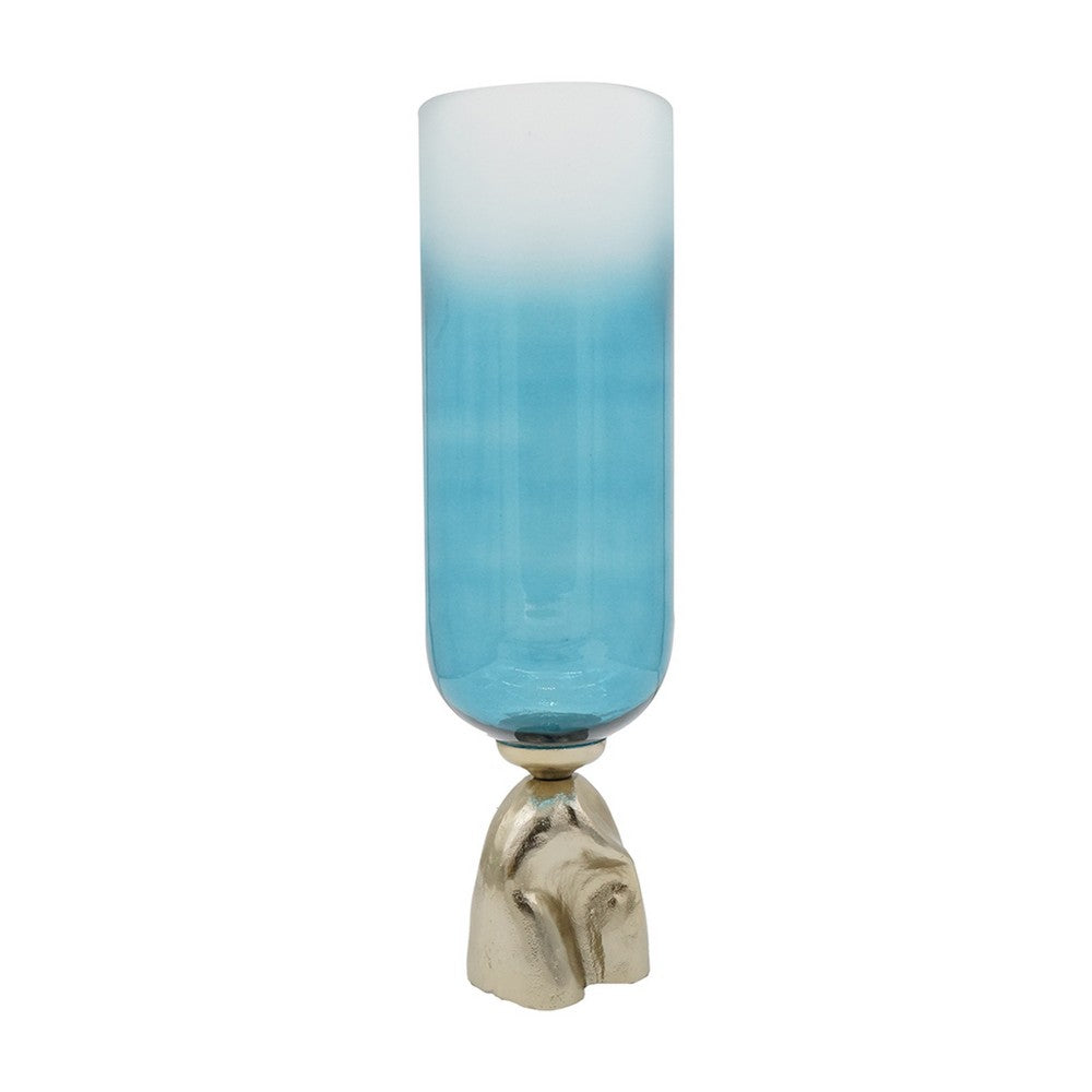 Joane Tall Decorative Vase | Gold Aluminum Stand | Blue-White Glass 21"