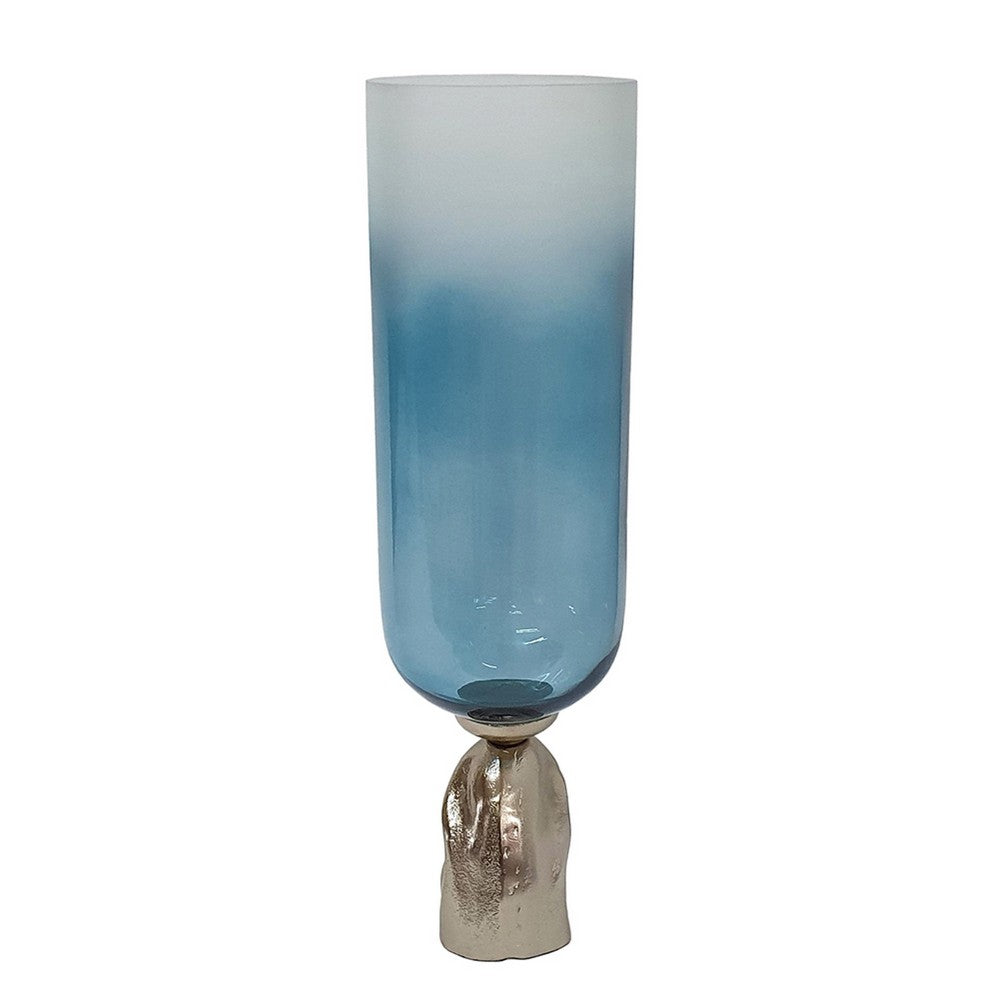 Joane Tall Decorative Vase | Gold Aluminum Stand | Blue-White Glass 21"