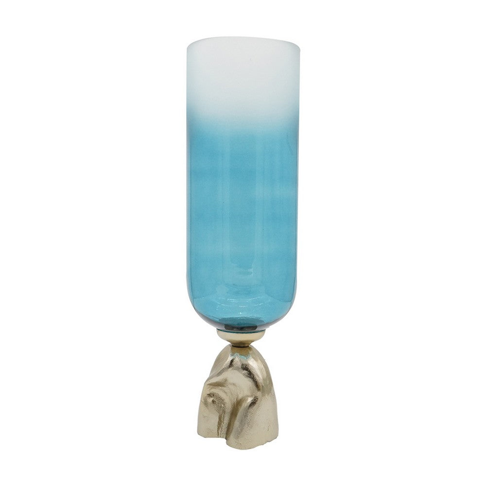 Joane Tall Decorative Vase | Gold Aluminum Stand | Blue-White Glass 21"