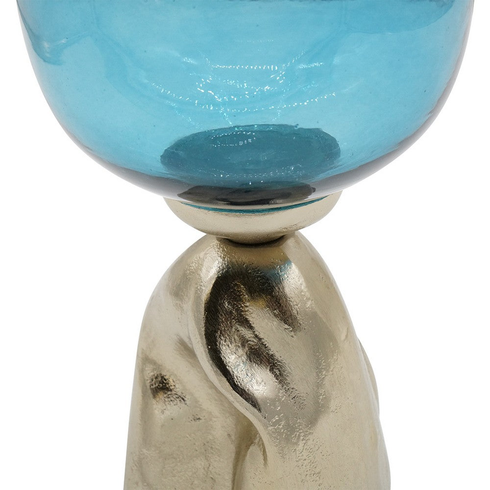 Joane Tall Decorative Vase | Gold Aluminum Stand | Blue-White Glass 21"