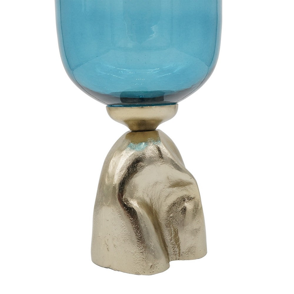 Joane Tall Decorative Vase | Gold Aluminum Stand | Blue-White Glass 21"