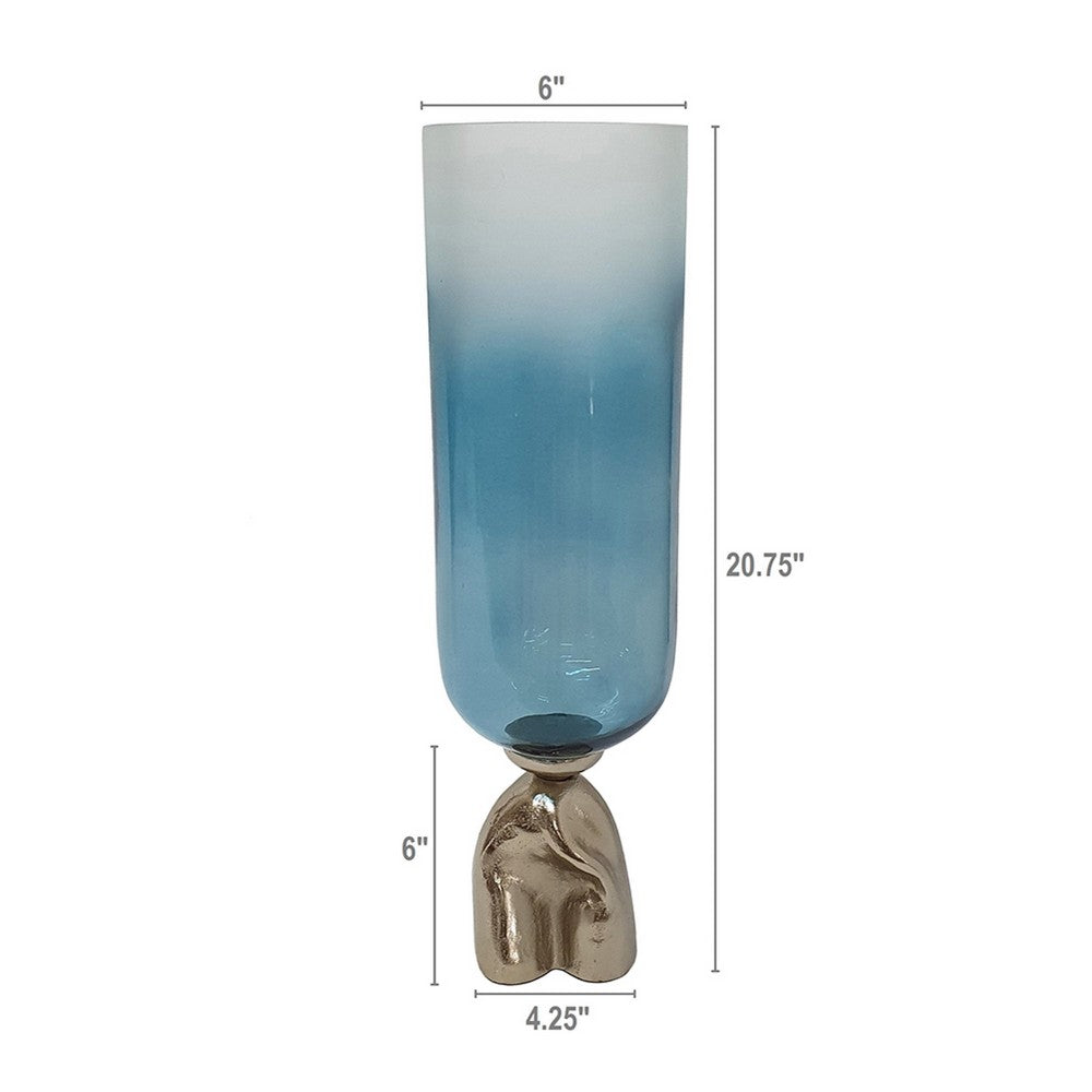 Joane Tall Decorative Vase | Gold Aluminum Stand | Blue-White Glass 21"