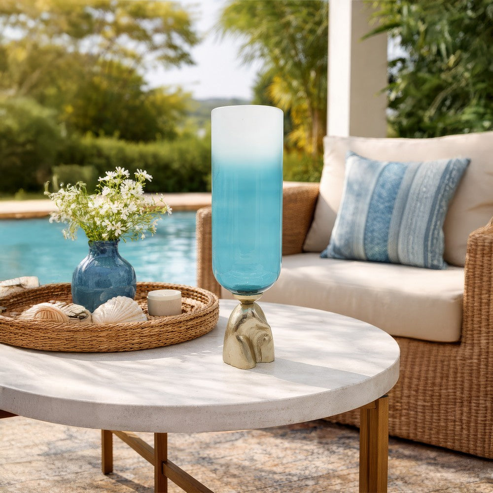 Joane Tall Decorative Vase | Gold Aluminum Stand | Blue-White Glass 21"