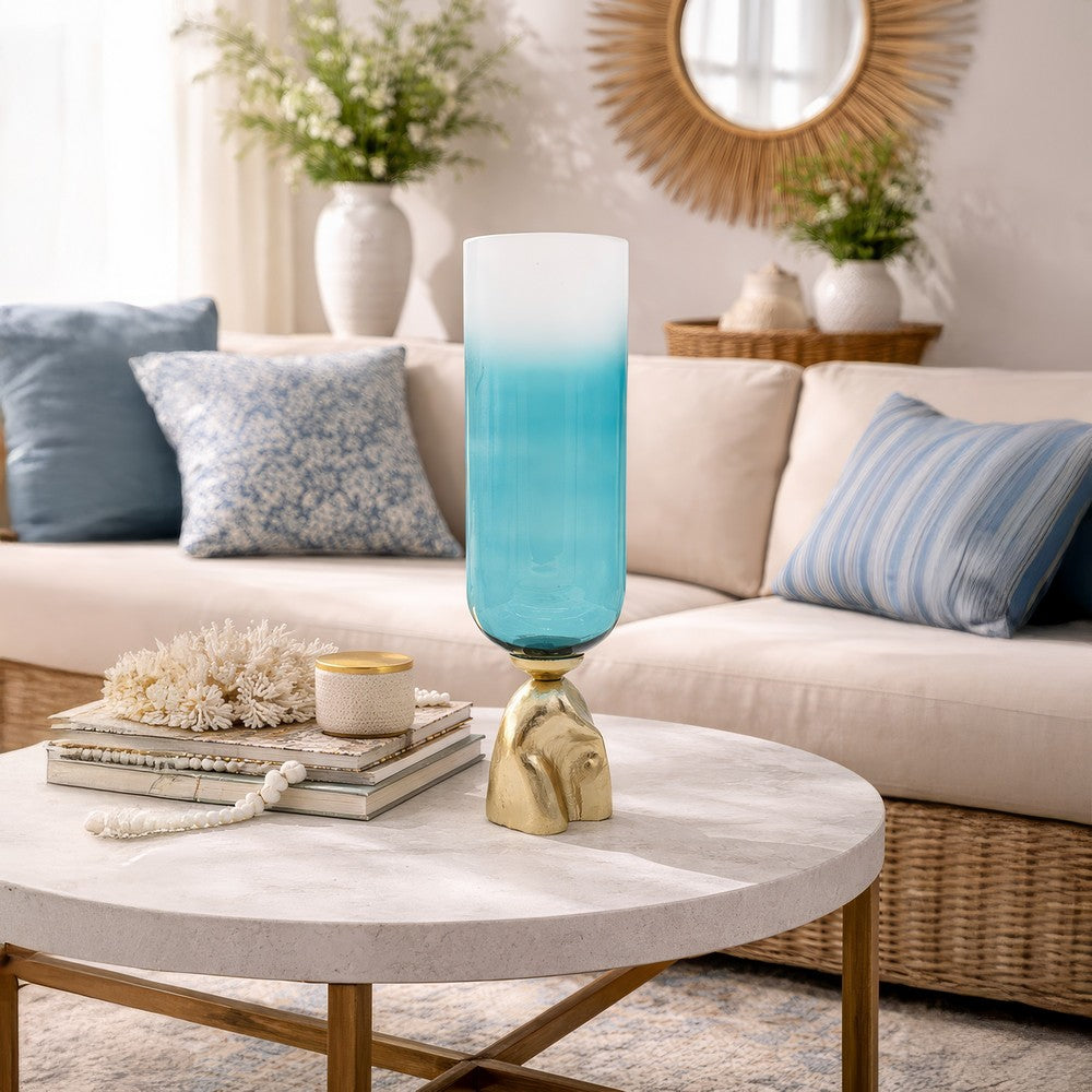 Joane Tall Decorative Vase | Gold Aluminum Stand | Blue-White Glass 21"