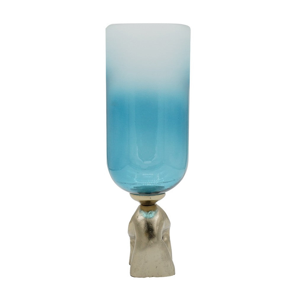Joane Small Decorative Vase | Gold Aluminum Stand | Blue-White Glass 18"