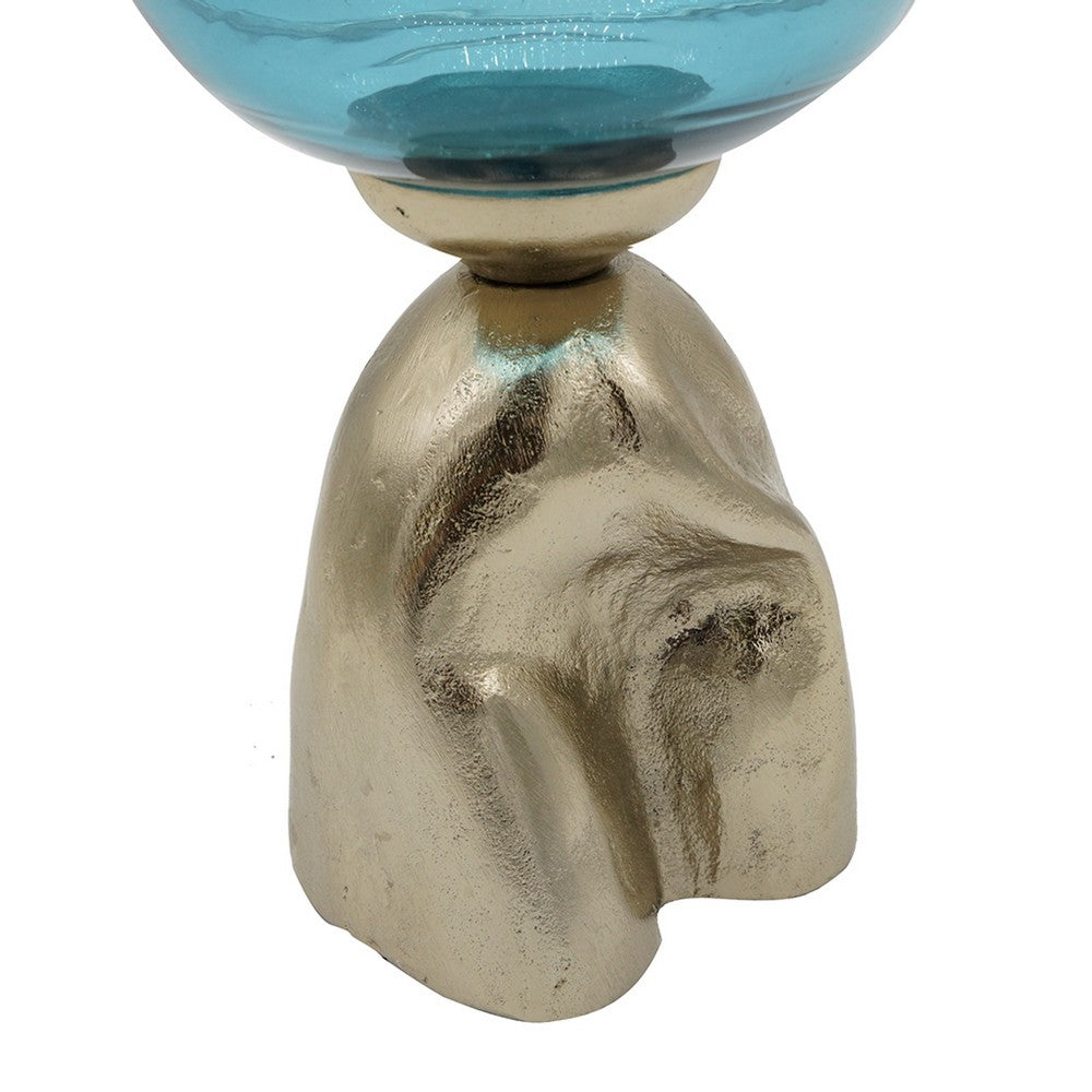 Joane Small Decorative Vase | Gold Aluminum Stand | Blue-White Glass 18"
