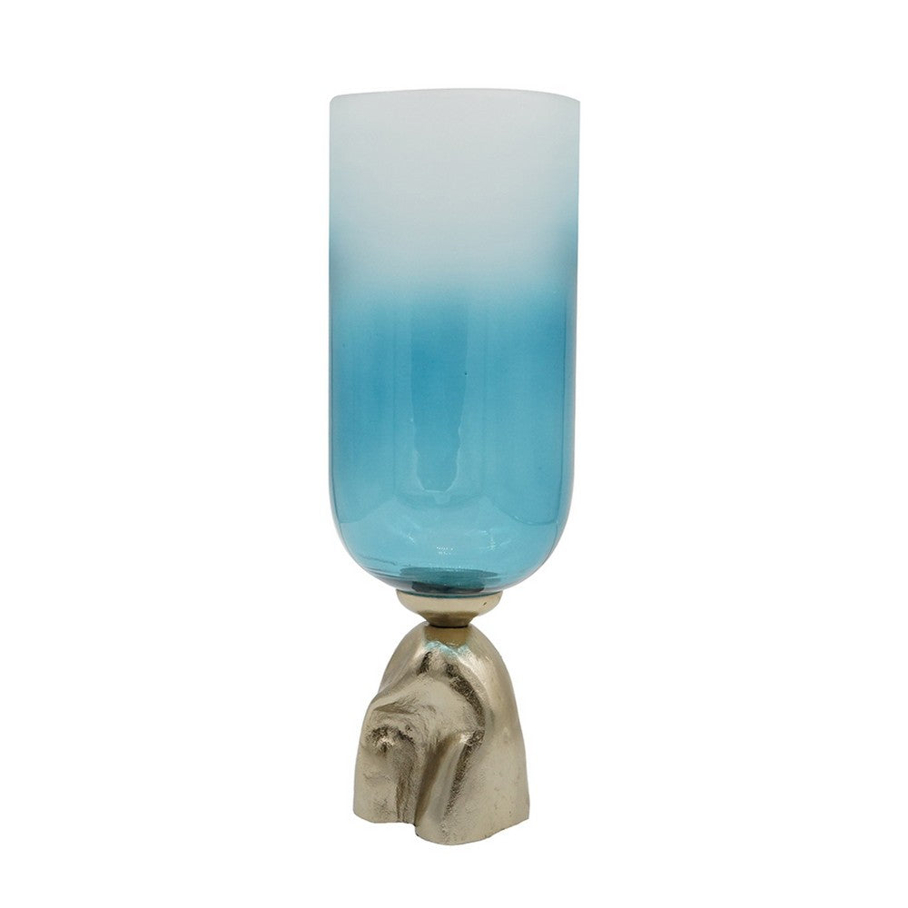 Joane Small Decorative Vase | Gold Aluminum Stand | Blue-White Glass 18"