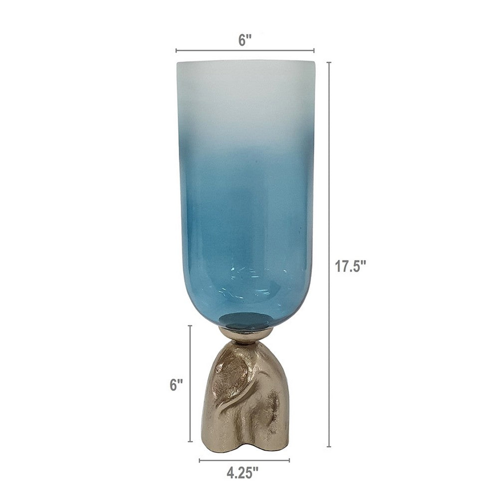 Joane Small Decorative Vase | Gold Aluminum Stand | Blue-White Glass 18"