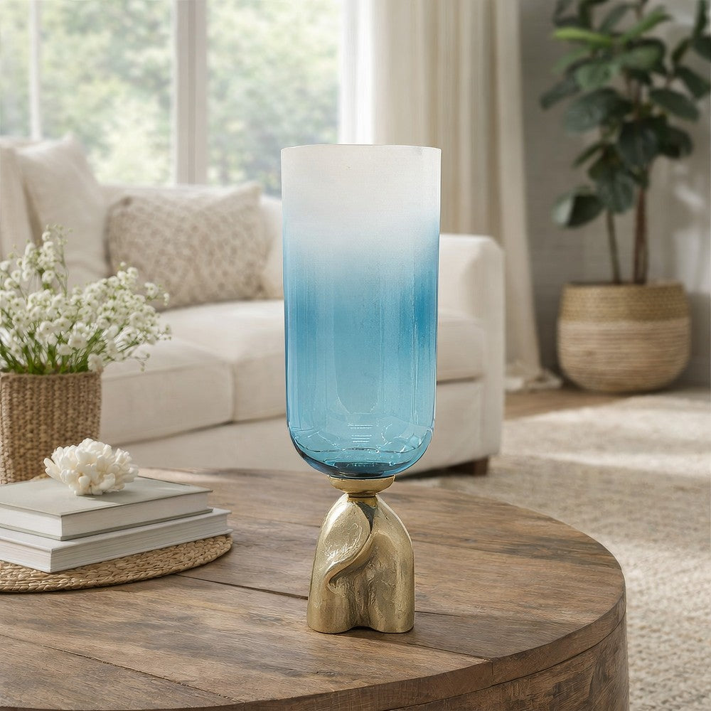 Joane Small Decorative Vase | Gold Aluminum Stand | Blue-White Glass 18"