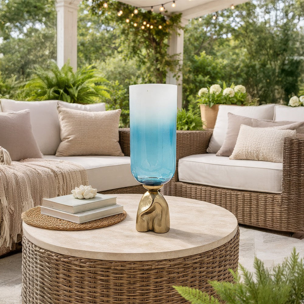 Joane Small Decorative Vase | Gold Aluminum Stand | Blue-White Glass 18"