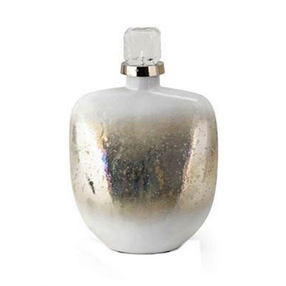 Akky Decorative Bottle w Lid | Aluminum Collar Silver-White Glass 13"