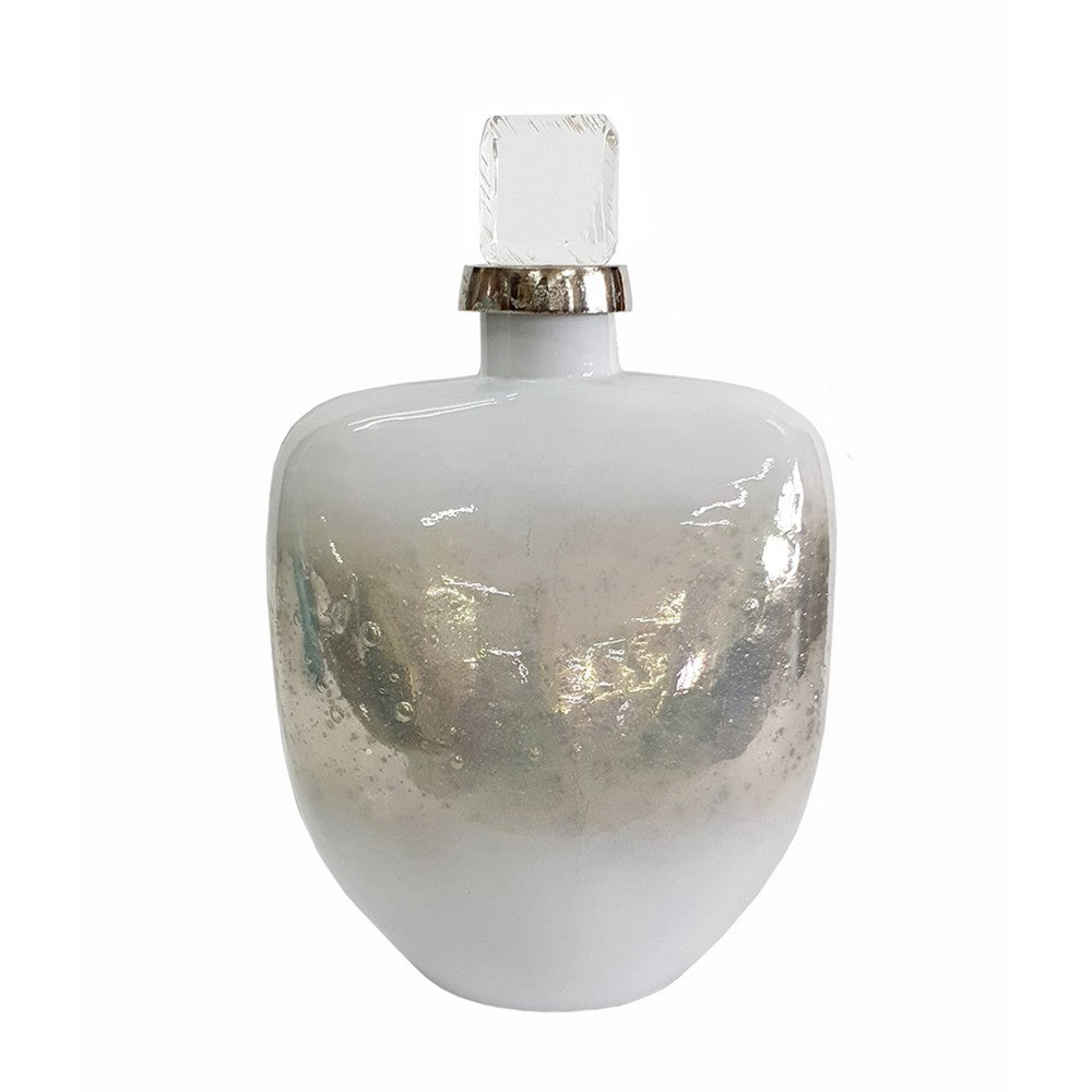 Akky Decorative Bottle w Lid | Aluminum Collar Silver-White Glass 13"