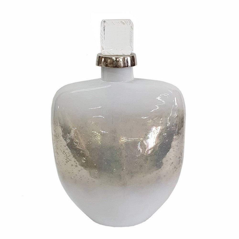 Akky Decorative Bottle w Lid | Aluminum Collar Silver-White Glass 13"