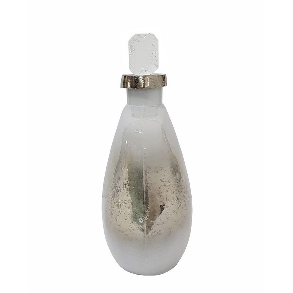 Akky Decorative Bottle w Lid | Aluminum Collar Silver-White Glass 13"