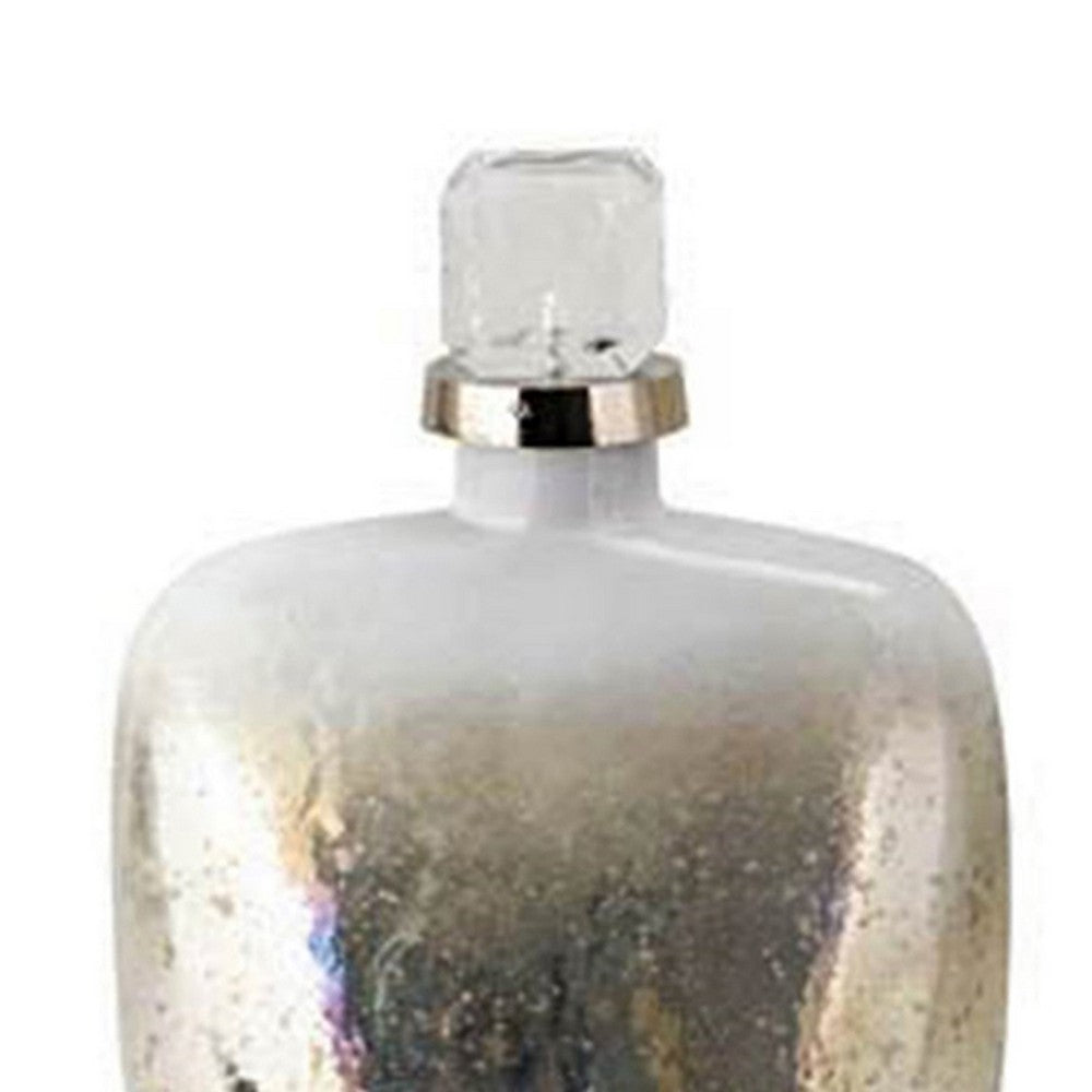 Akky Decorative Bottle w Lid | Aluminum Collar Silver-White Glass 13"