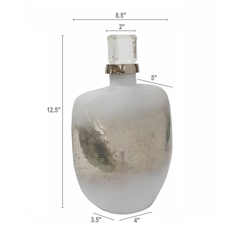 Akky Decorative Bottle w Lid | Aluminum Collar Silver-White Glass 13"