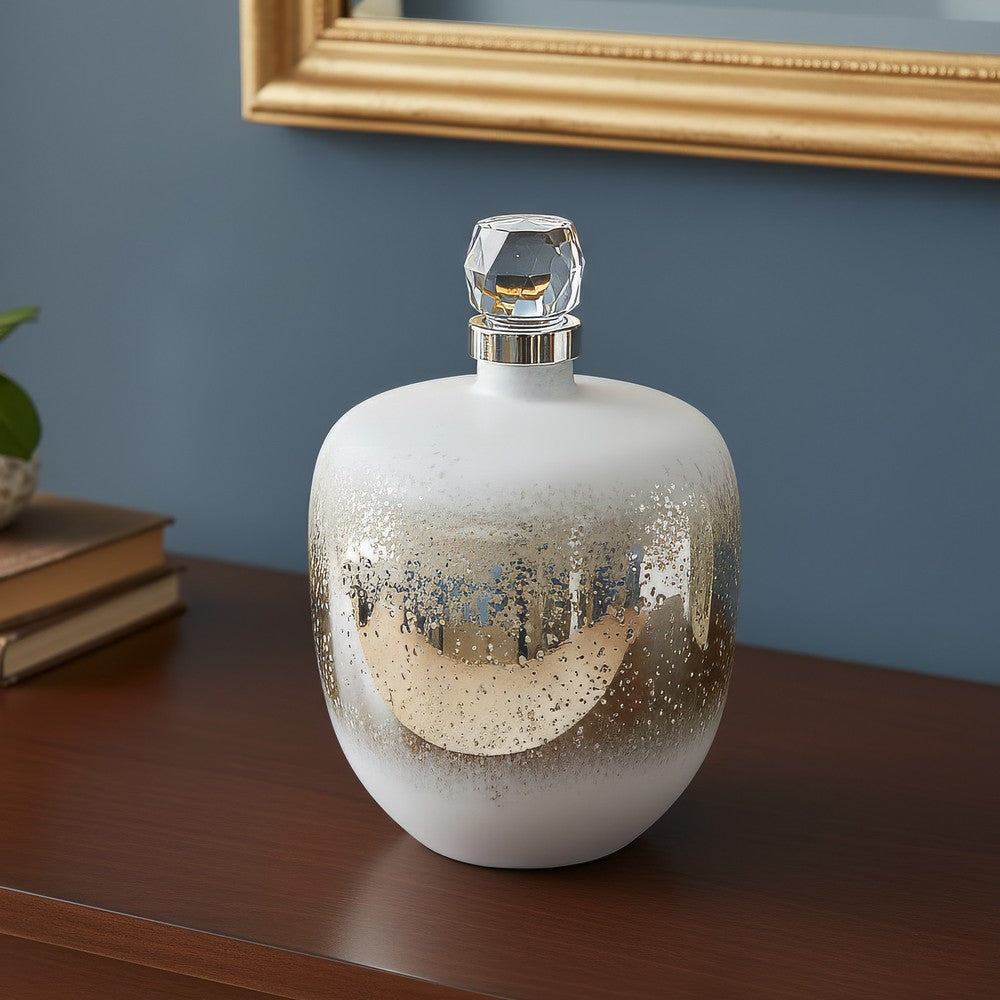 Akky Decorative Bottle w Lid | Aluminum Collar Silver-White Glass 13"