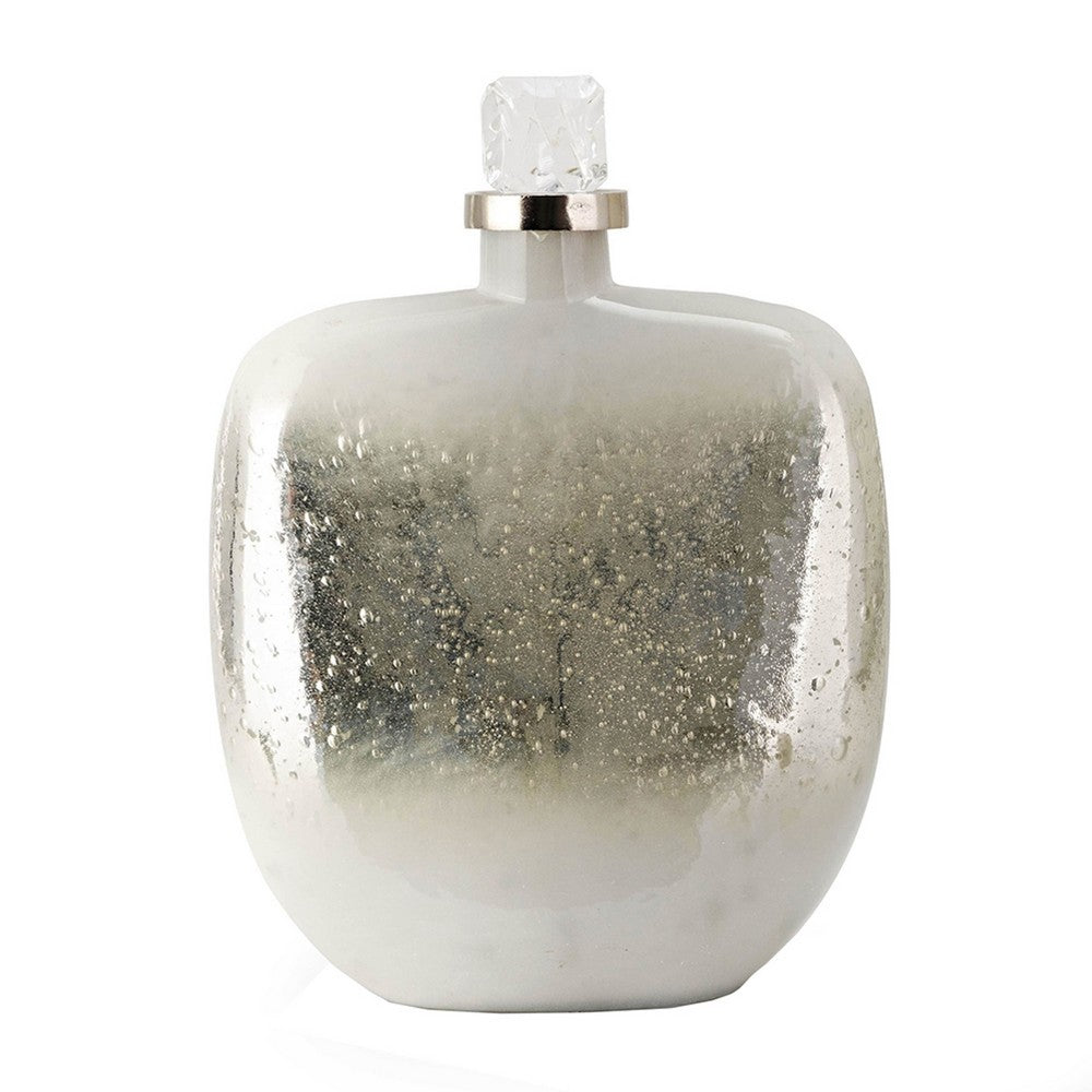 Akky Decorative Bottle w Lid | Aluminum Collar Silver-White Glass 16"