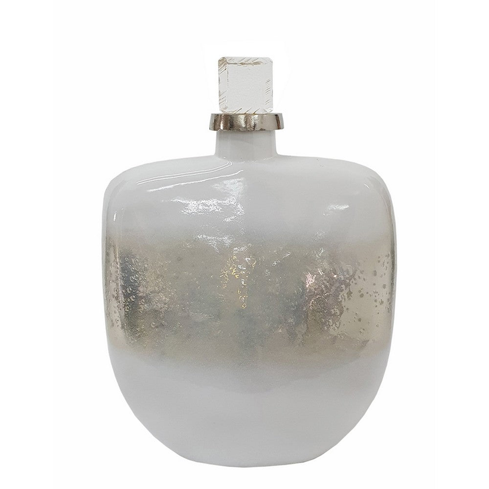 Akky Decorative Bottle w Lid | Aluminum Collar Silver-White Glass 16"