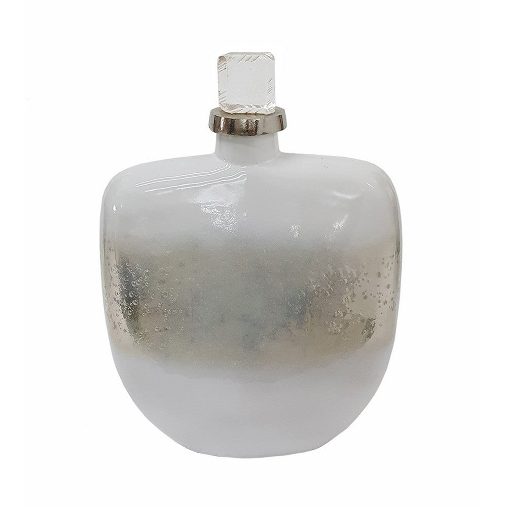 Akky Decorative Bottle w Lid | Aluminum Collar Silver-White Glass 16"