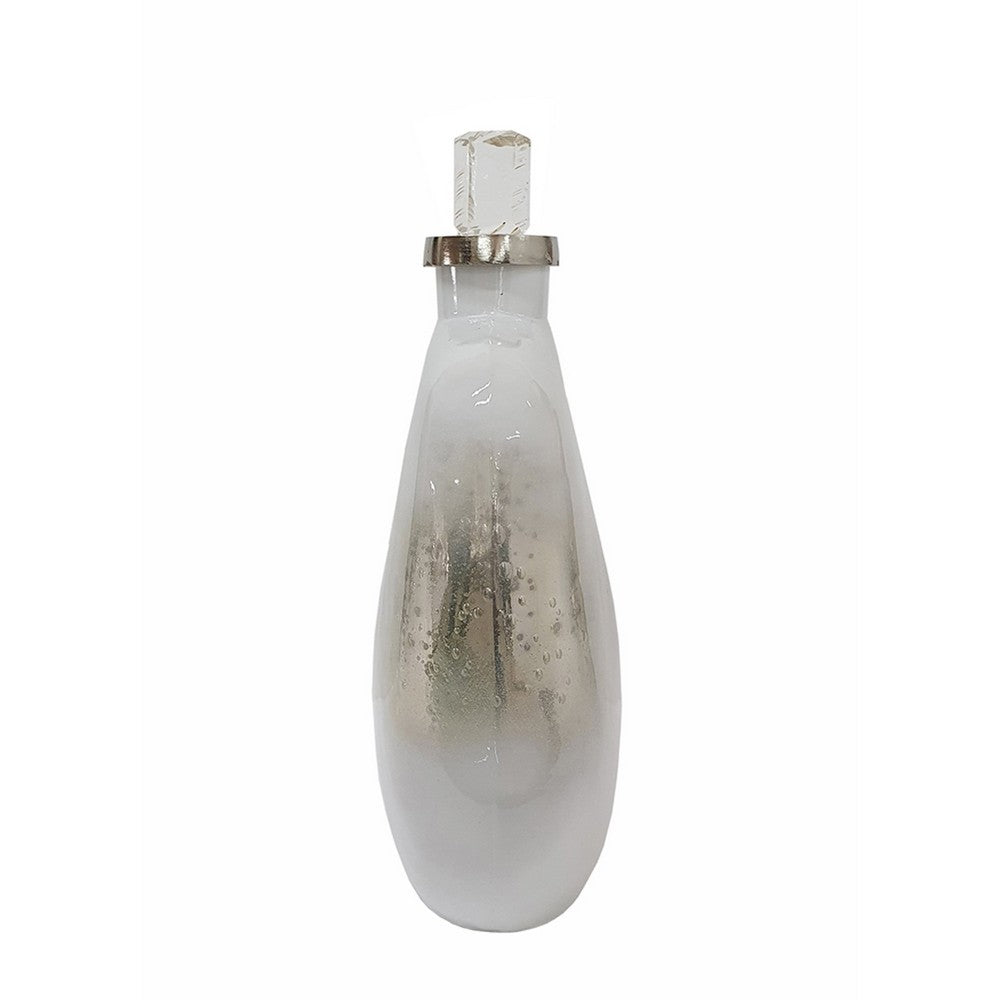 Akky Decorative Bottle w Lid | Aluminum Collar Silver-White Glass 16"