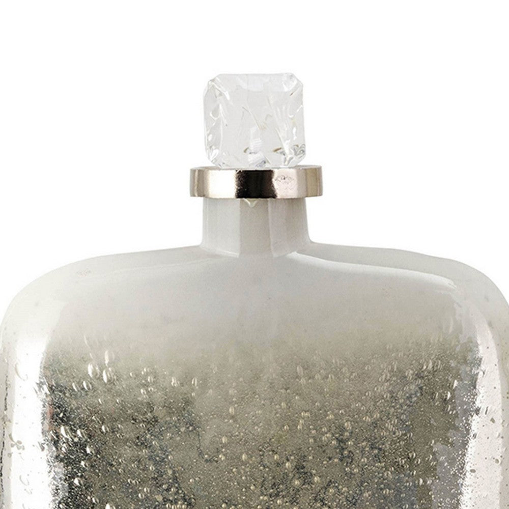Akky Decorative Bottle w Lid | Aluminum Collar Silver-White Glass 16"