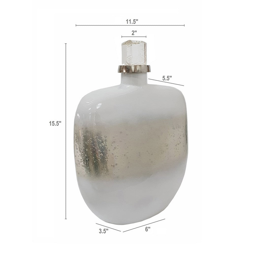 Akky Decorative Bottle w Lid | Aluminum Collar Silver-White Glass 16"
