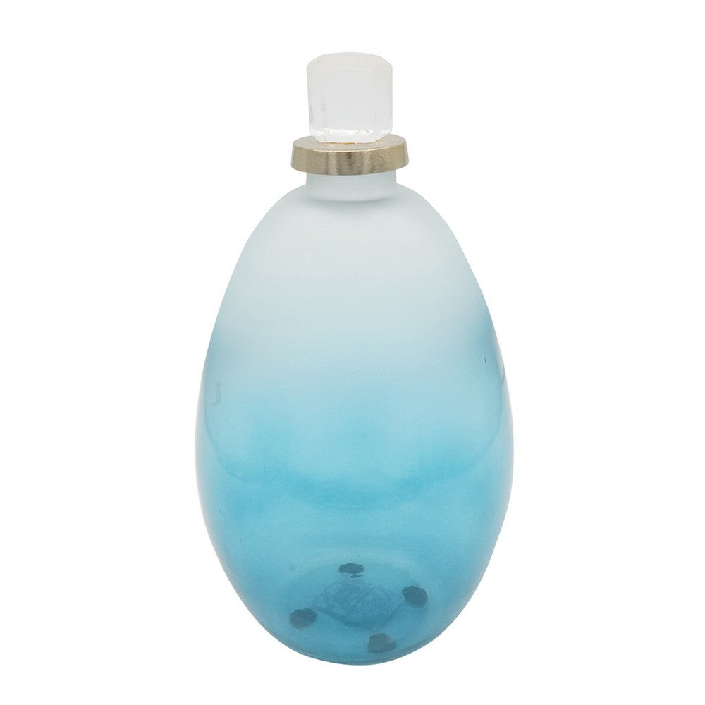 Ethan Decorative Bottle w Lid | Gold Metal Details | Blue-White Glass 15"